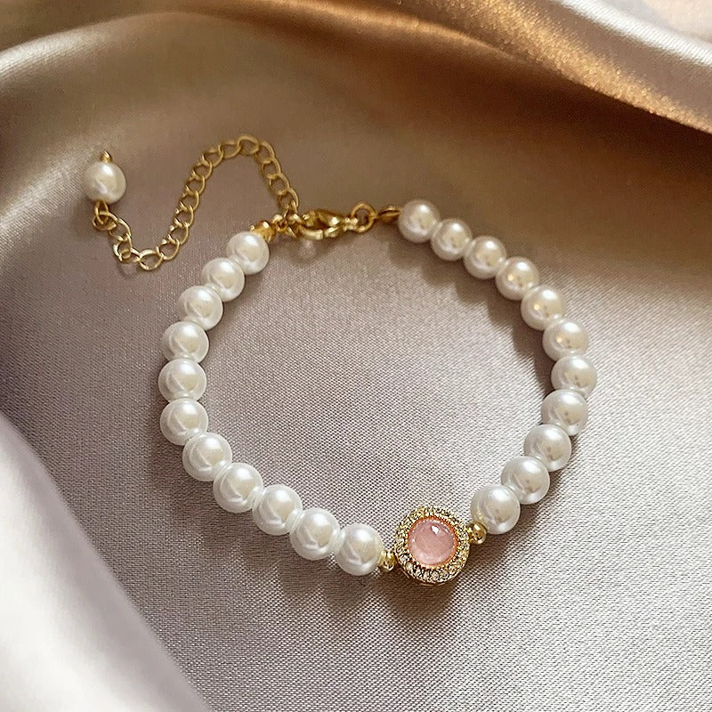 Bracciale retrò con perle e quarzo rosa