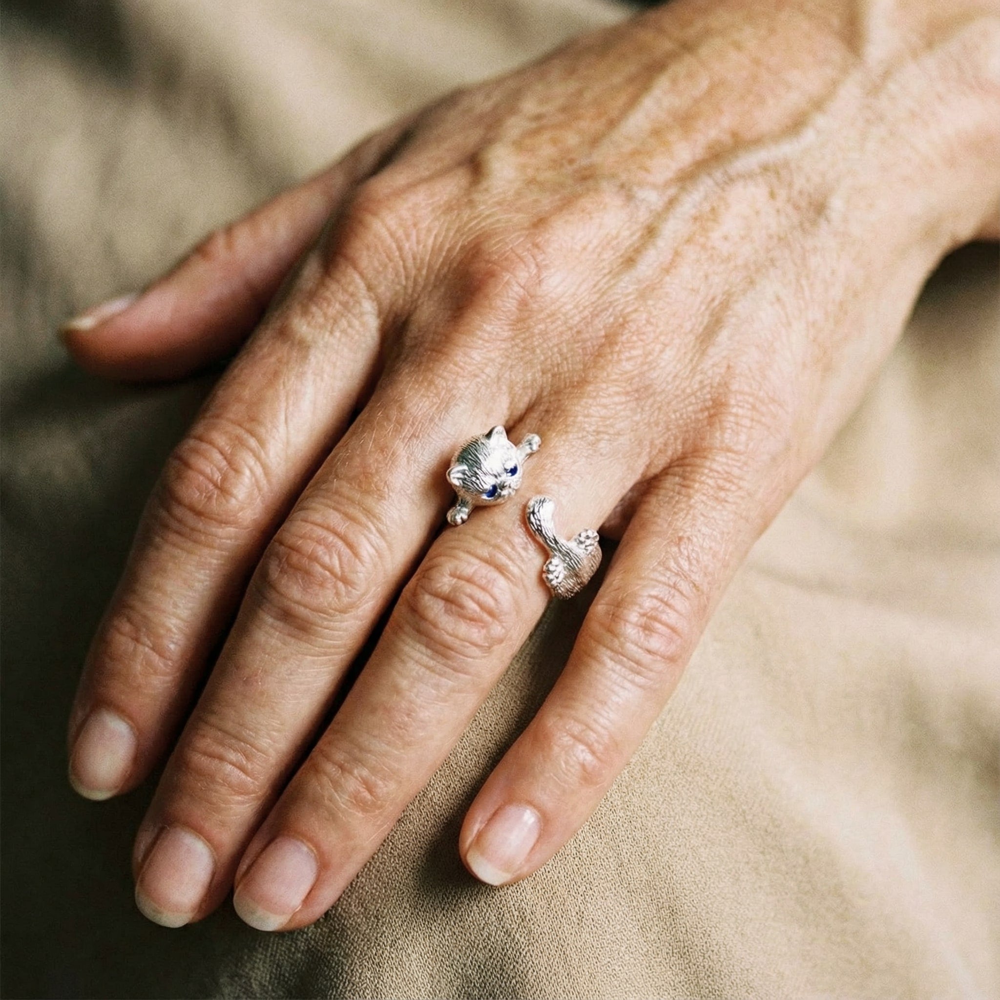 Anello Regolabile in Argento 925 con Gattino