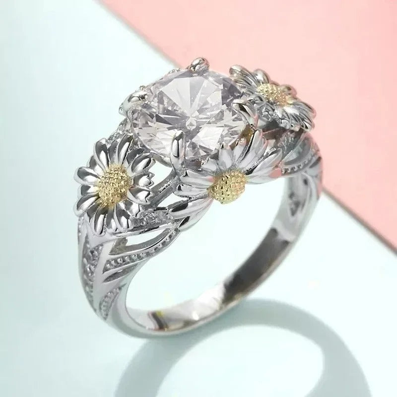 Anello Vintage con Girasole in Giallo e Argento