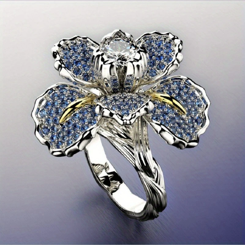 Anello in Argento con Fiore Blu e Cristallo