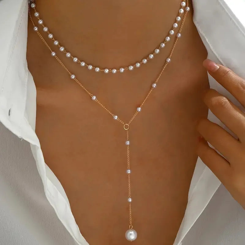 Collana a Due Fili con Perle e Pendenti